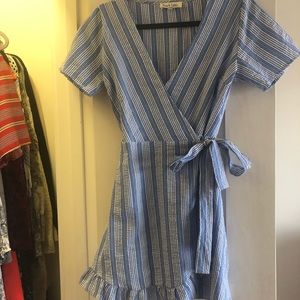 Blue and white striped wrap dress